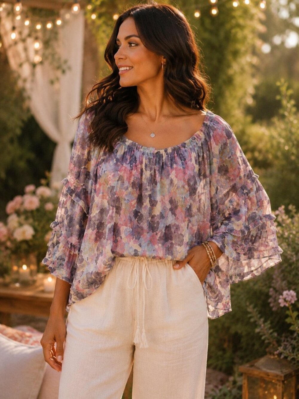 Zac & Rachel Multicolor Pastel Floral Ruffle Feminine Blouse Size Medium 1068